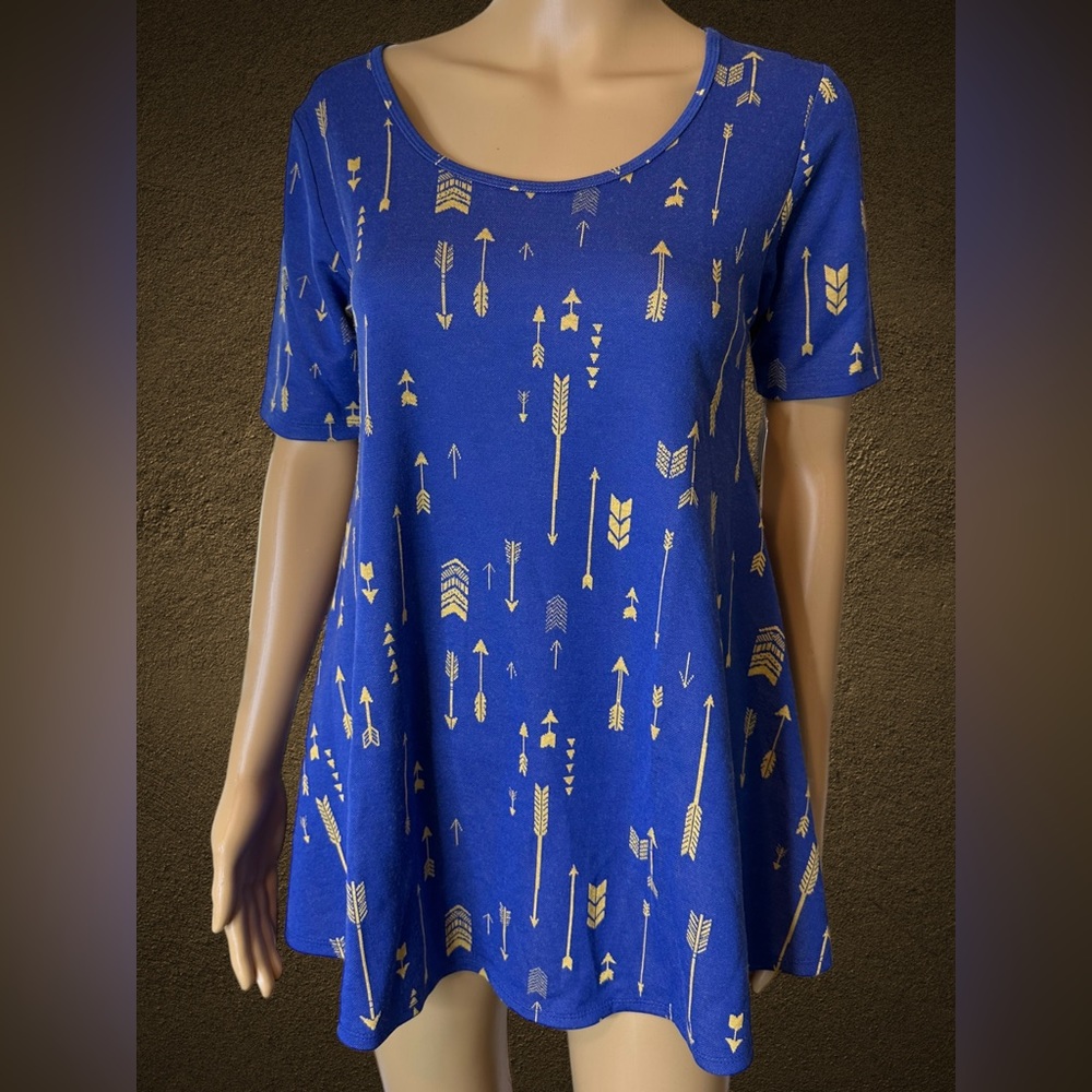 LuLaRoe A-Line Mini Dress Size XXS Blue Yellow Arrows Short Sleeves Stretch